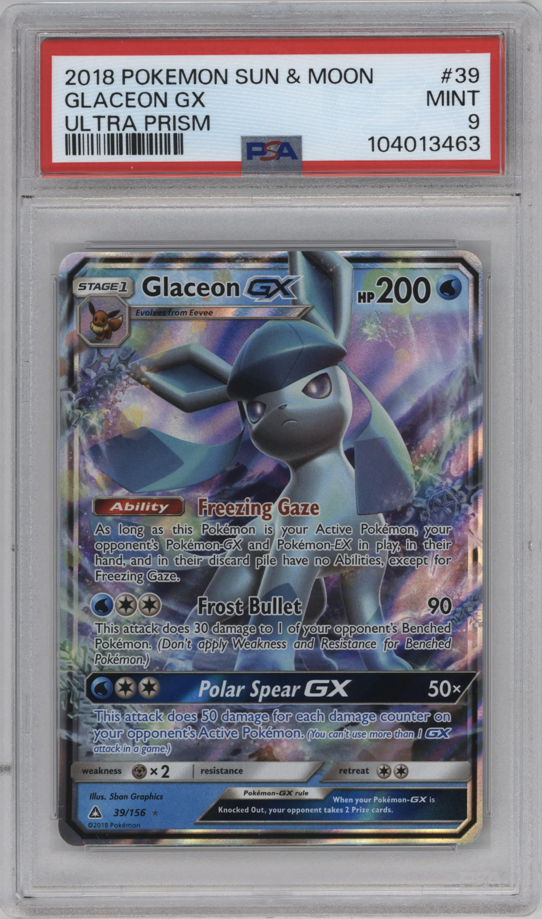 2018 Pokemon S&M Ultra Prism Glaceon GX #39 PSA 9