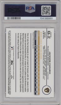 Jackson Chourio from the 2024 Topps Chrome set featuring a Refractor parallel graded by PSA and given an overall grade of 10.