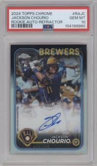 Jackson Chourio from the 2024 Topps Chrome set featuring a Refractor parallel graded by PSA and given an overall grade of 10.