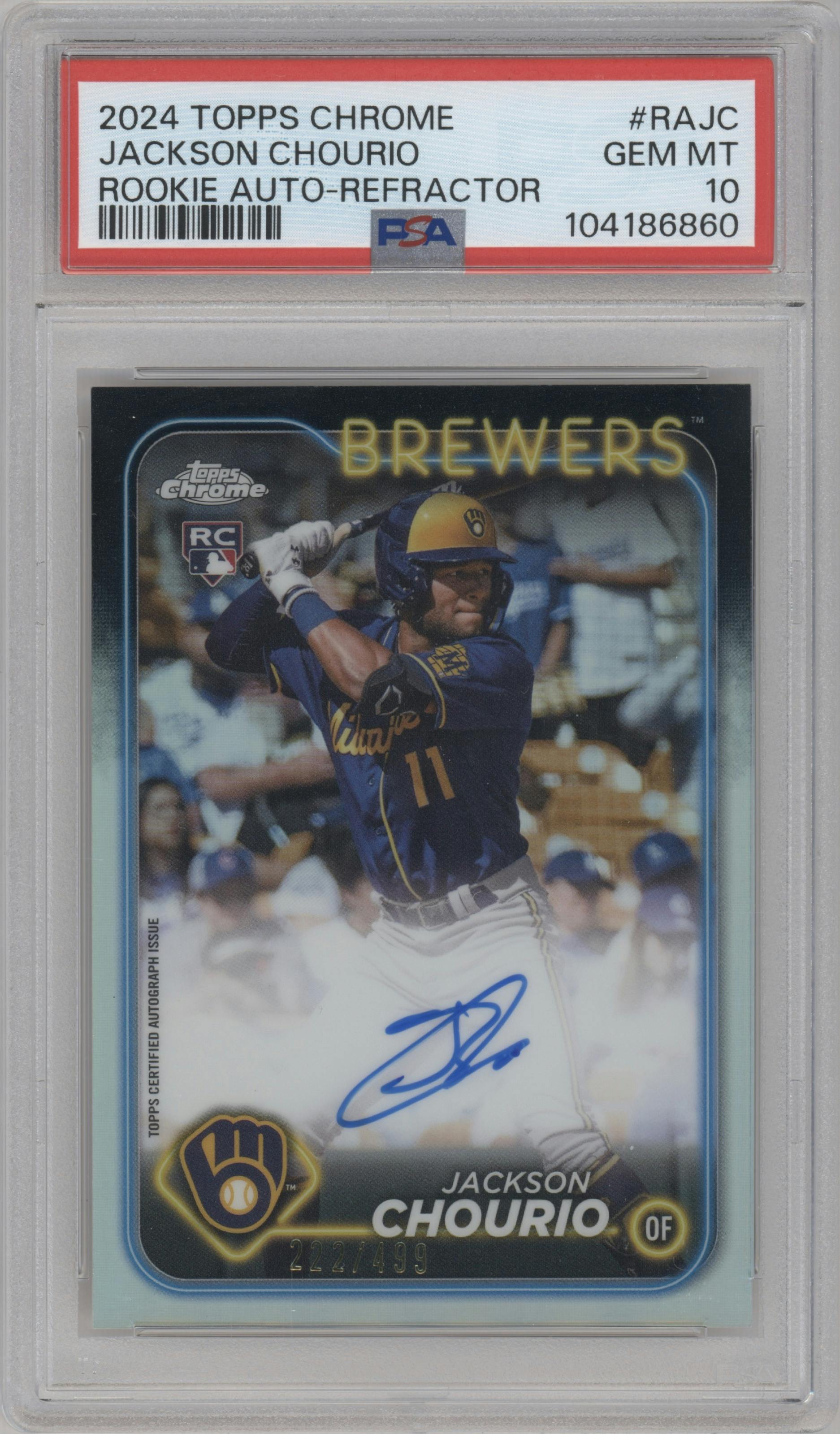Jackson Chourio from the 2024 Topps Chrome set featuring a Refractor parallel graded by PSA and given an overall grade of 10.
