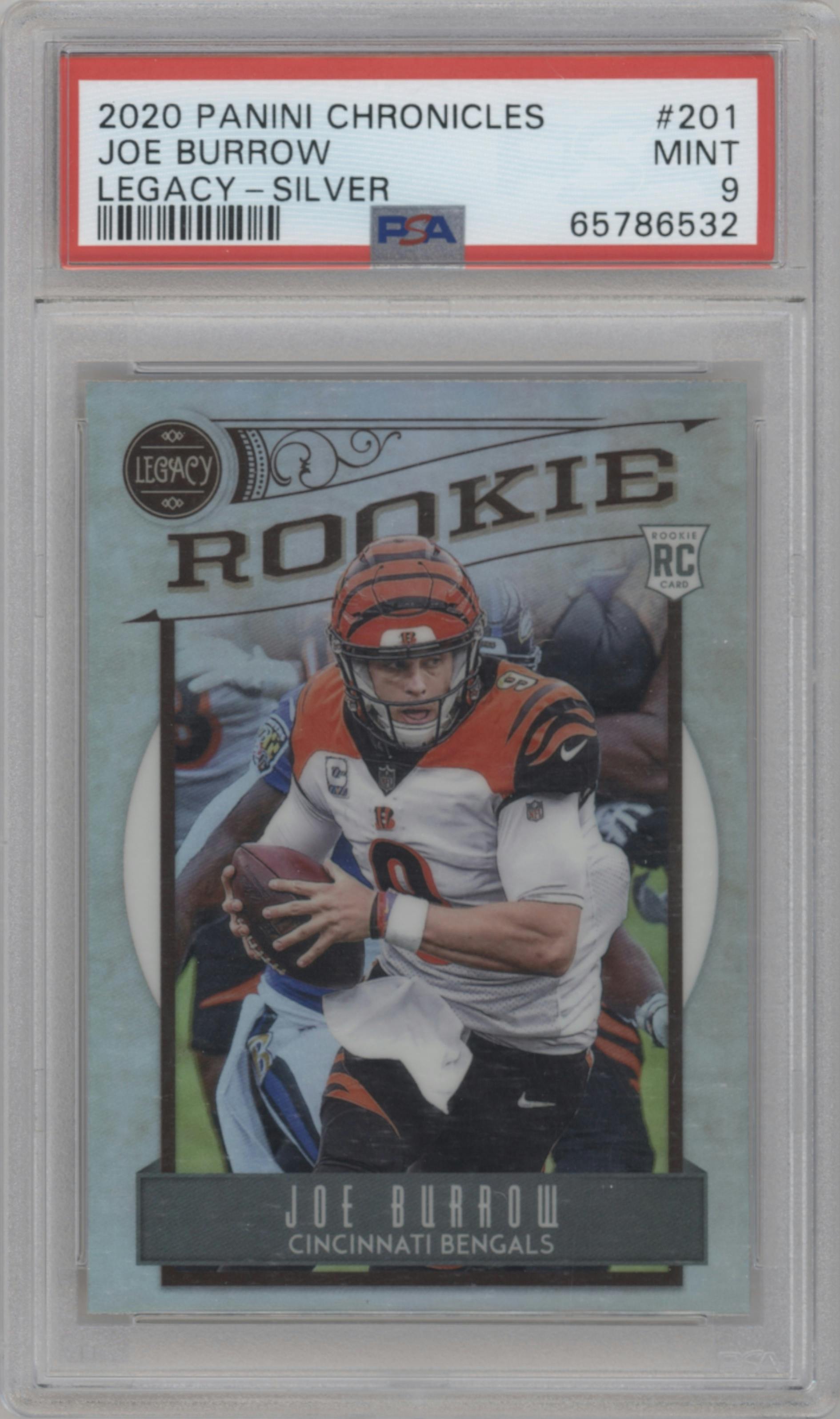 Joe Burrow from the 2020 Panini Chronicles set featuring a Silver parallel graded by PSA and given an overall grade of 9.