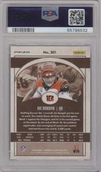 Joe Burrow from the 2020 Panini Chronicles set featuring a Silver parallel graded by PSA and given an overall grade of 9.