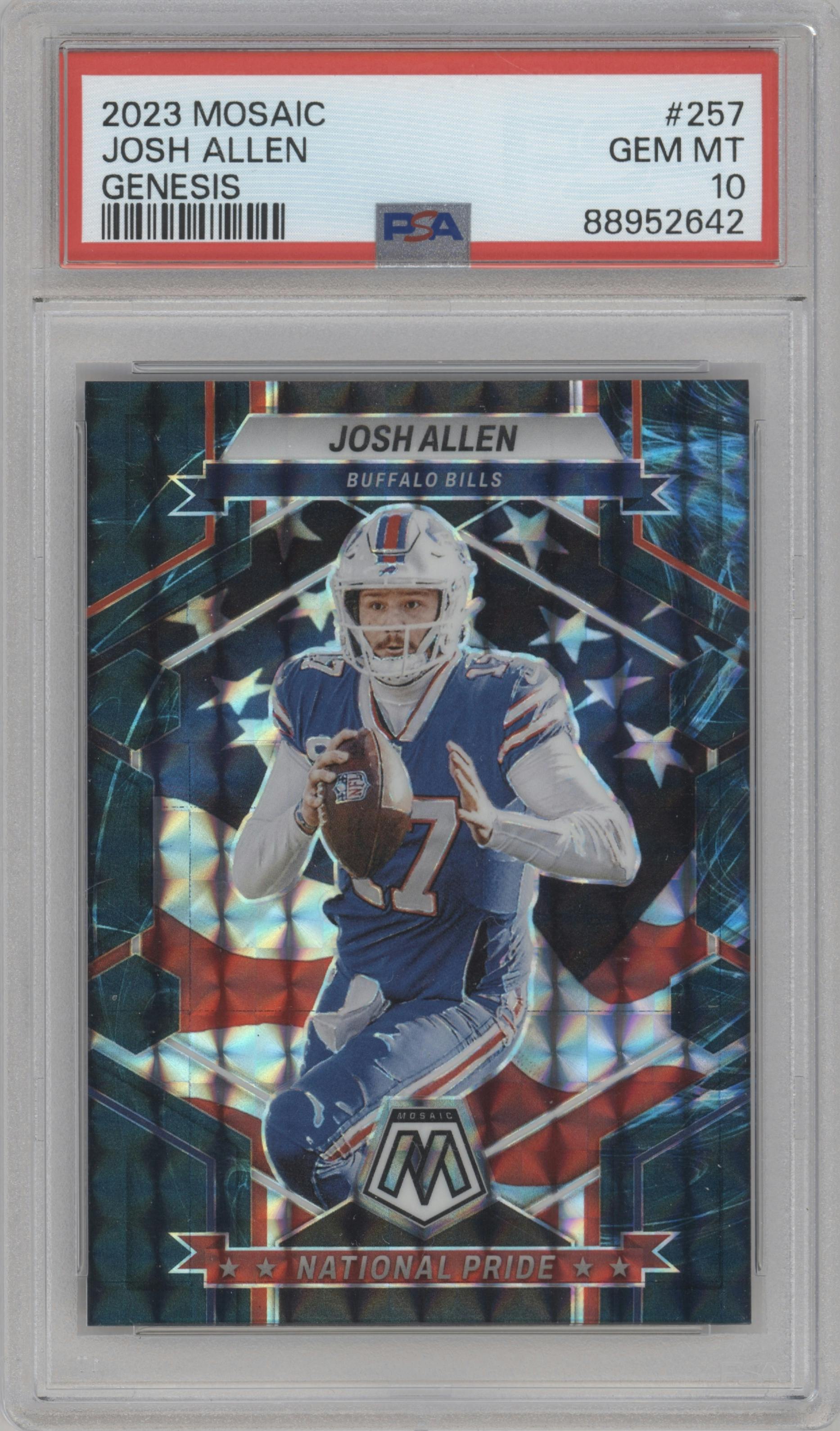 Josh Allen from the 2023 Panini Mosaic set featuring a  Genesis parallel graded by PSA and given an overall grade of 10.