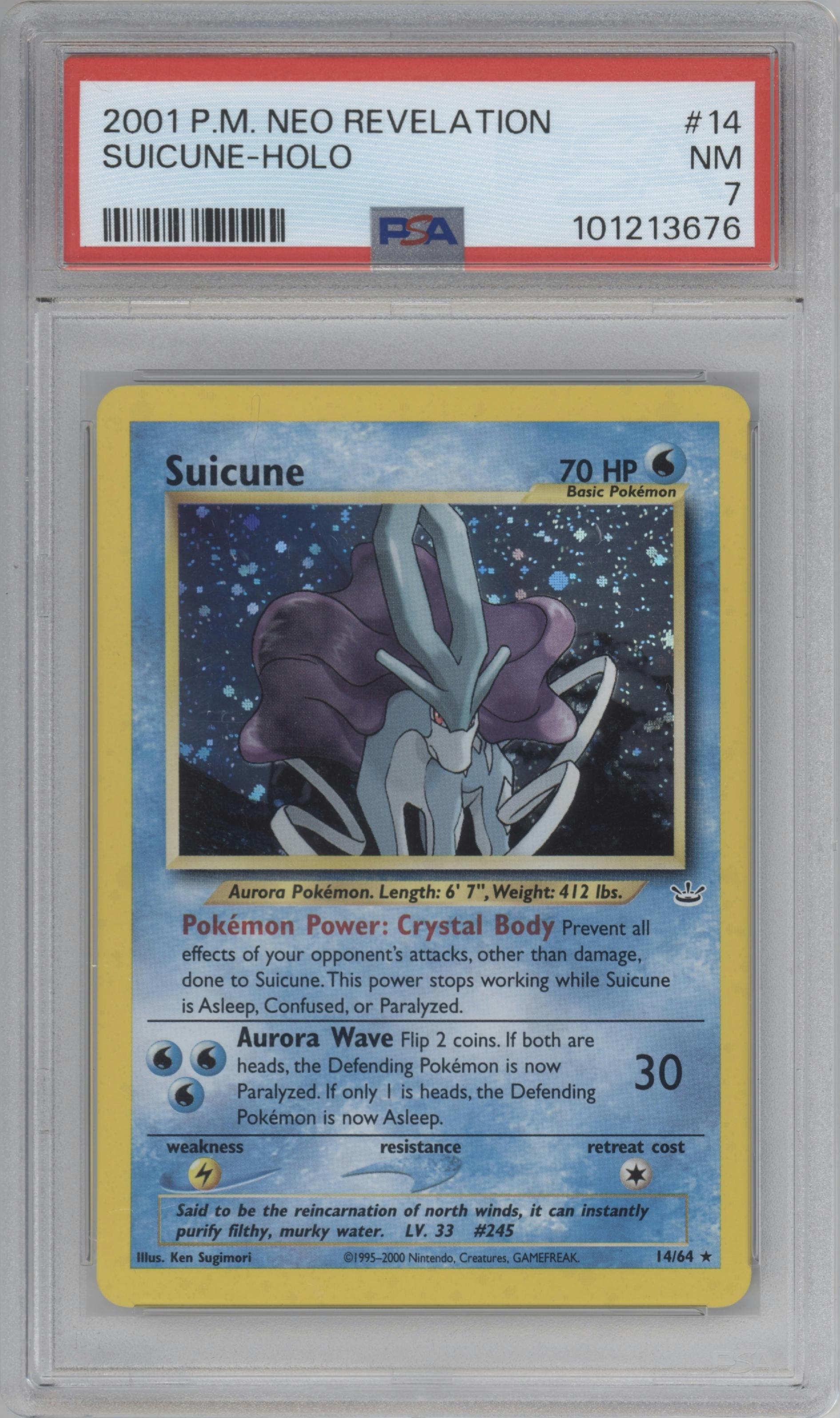 Suicune from the 2001 Pokemon Neo Genesis set graded by PSA and given an overall grade of 7.