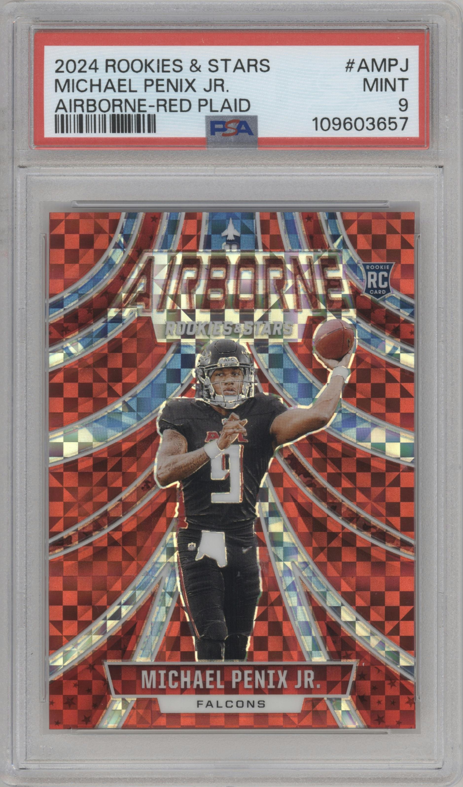 Michael Penix Jr. from the 2024 Panini Rookies & Stars set featuring a Red Plaid parallel graded by PSA and given an overall grade of 9.