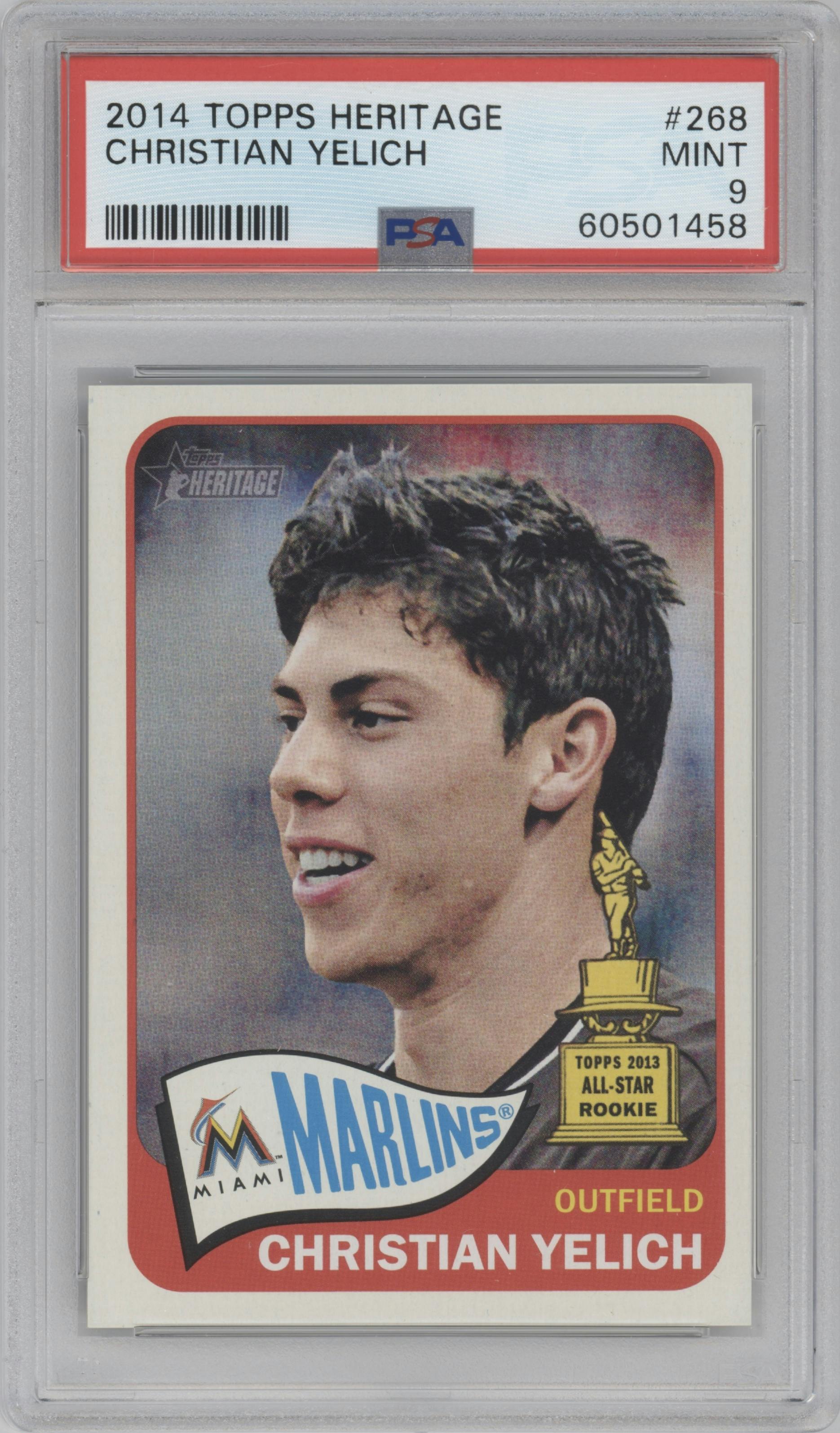Christian Yelich from the 2014 Topps Heritage set graded by PSA and given an overall grade of 9.
