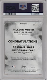 Jackson Merrill from the 2024 Topps Update set featuring a Red parallel graded by PSA and given an overall grade of 10.