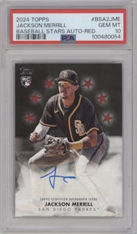 Jackson Merrill from the 2024 Topps Update set featuring a Red parallel graded by PSA and given an overall grade of 10.