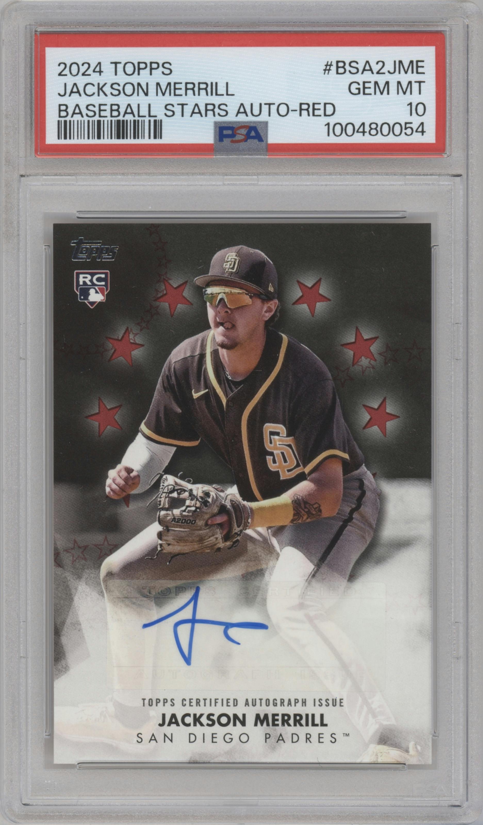Jackson Merrill from the 2024 Topps Update set featuring a Red parallel graded by PSA and given an overall grade of 10.