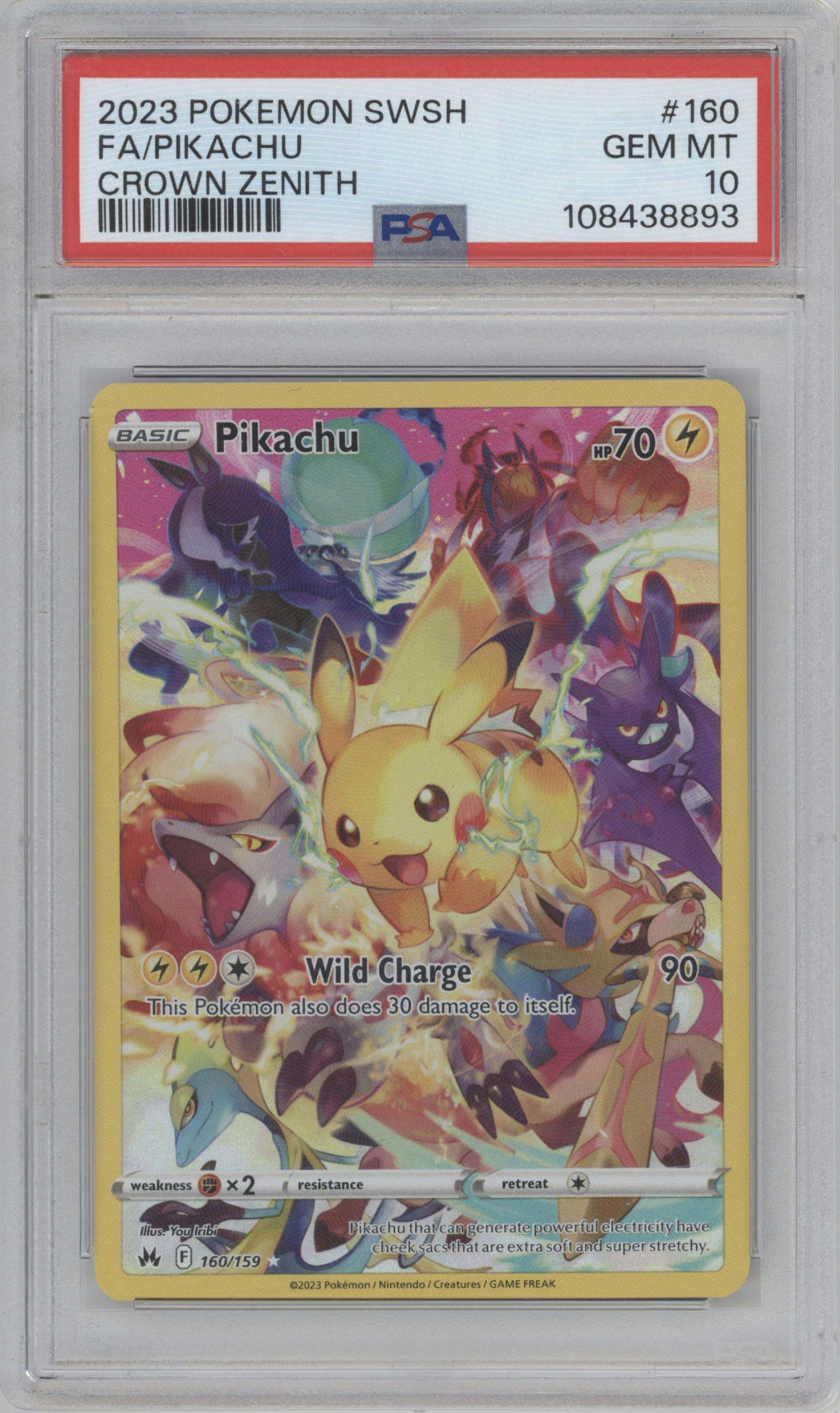 Pikachu  from the 2023 Pokemon SWSH set graded by PSA and given an overall grade of 10.