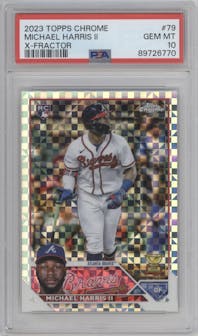 Michael Harris II from the 2023 Topps Chrome set featuring a X-Fractor parallel graded by PSA and given an overall grade of 10.