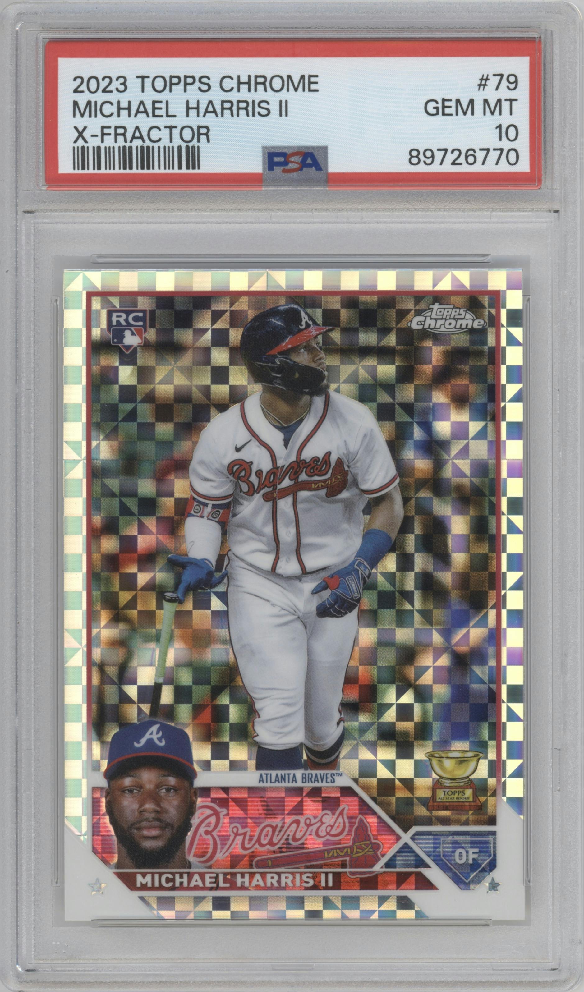 Michael Harris II from the 2023 Topps Chrome set featuring a X-Fractor parallel graded by PSA and given an overall grade of 10.