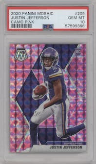 Justin Jefferson from the 2020 Panini Mosaic set featuring a Pink Camo parallel graded by PSA and given an overall grade of 10.