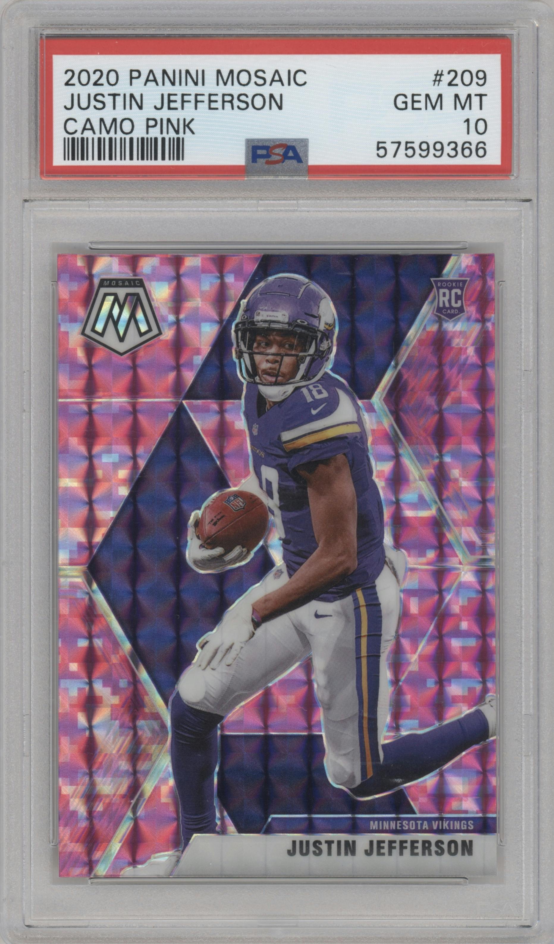 Justin Jefferson from the 2020 Panini Mosaic set featuring a Pink Camo parallel graded by PSA and given an overall grade of 10.