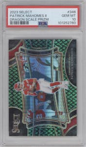 Patrick Mahomes II from the 2023 Panini Select set featuring a Dragon Scale Prizm parallel graded by PSA and given an overall grade of 10.