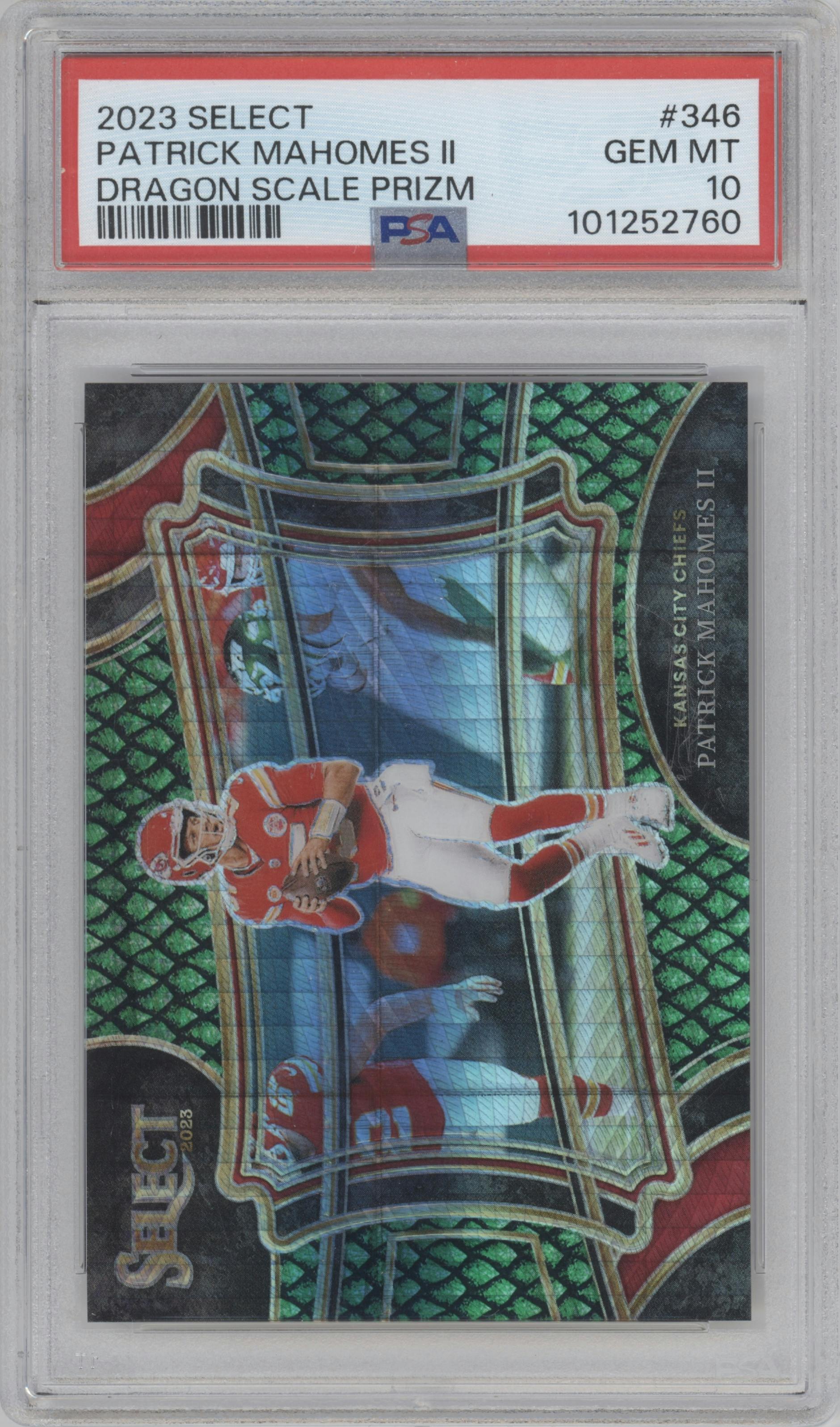 Patrick Mahomes II from the 2023 Panini Select set featuring a Dragon Scale Prizm parallel graded by PSA and given an overall grade of 10.