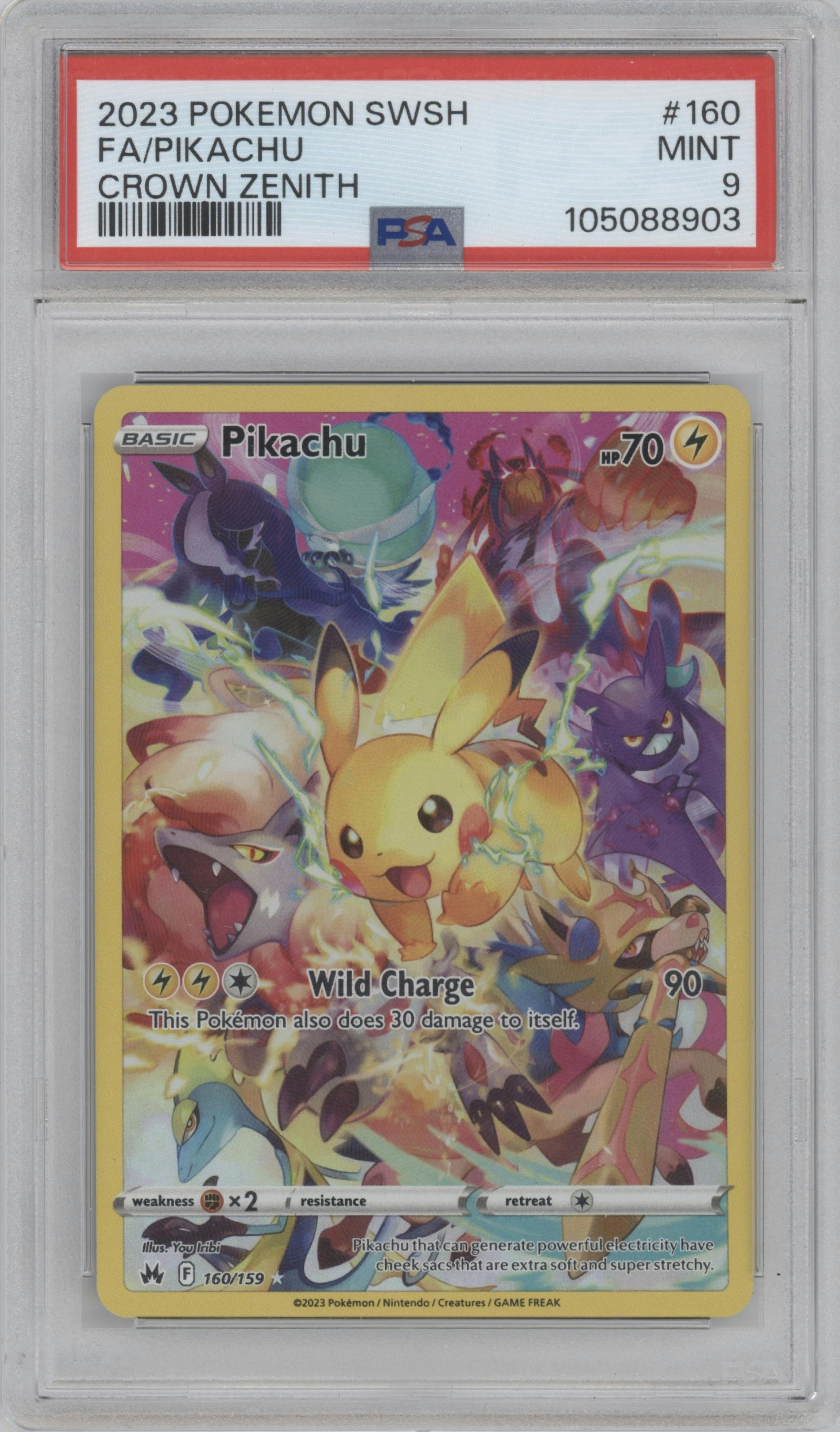 Pikachu  from the 2023 Pokemon SWSH set graded by PSA and given an overall grade of 9.