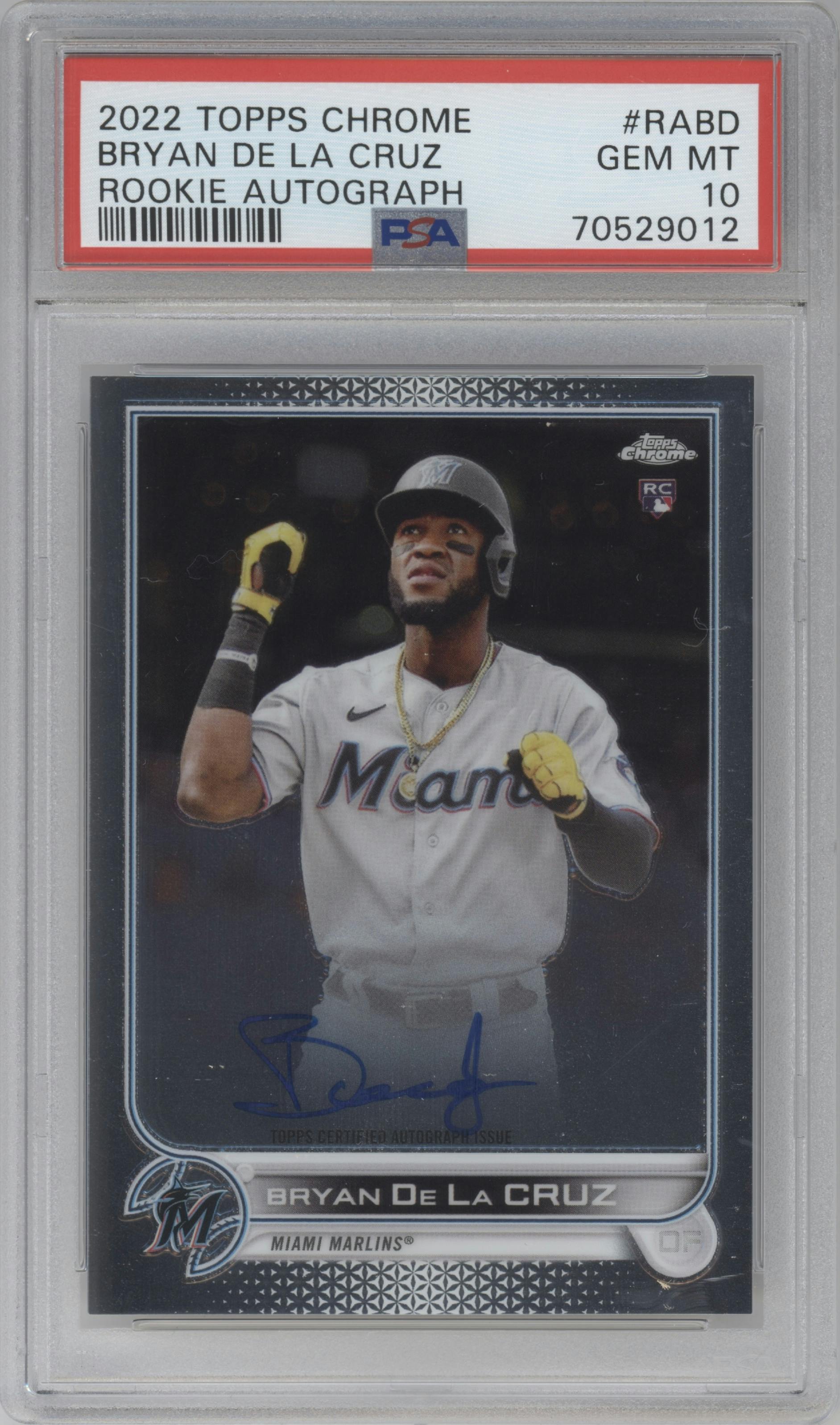Bryan De La Cruz from the 2022 Topps Chrome set graded by PSA and given an overall grade of 10.