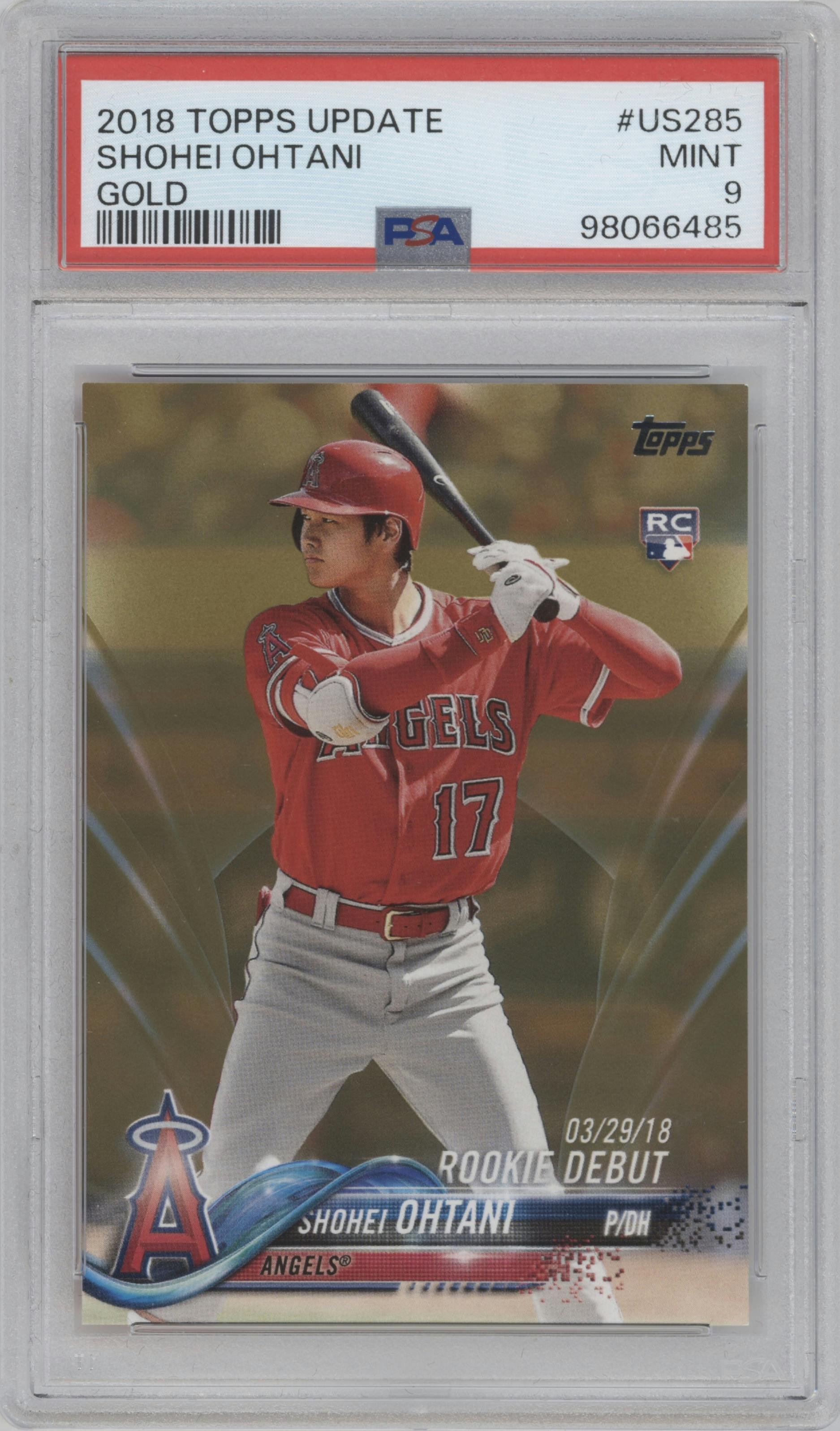 Shohei Ohtani from the 2018 Topps Update set featuring a Gold parallel graded by PSA and given an overall grade of 9.