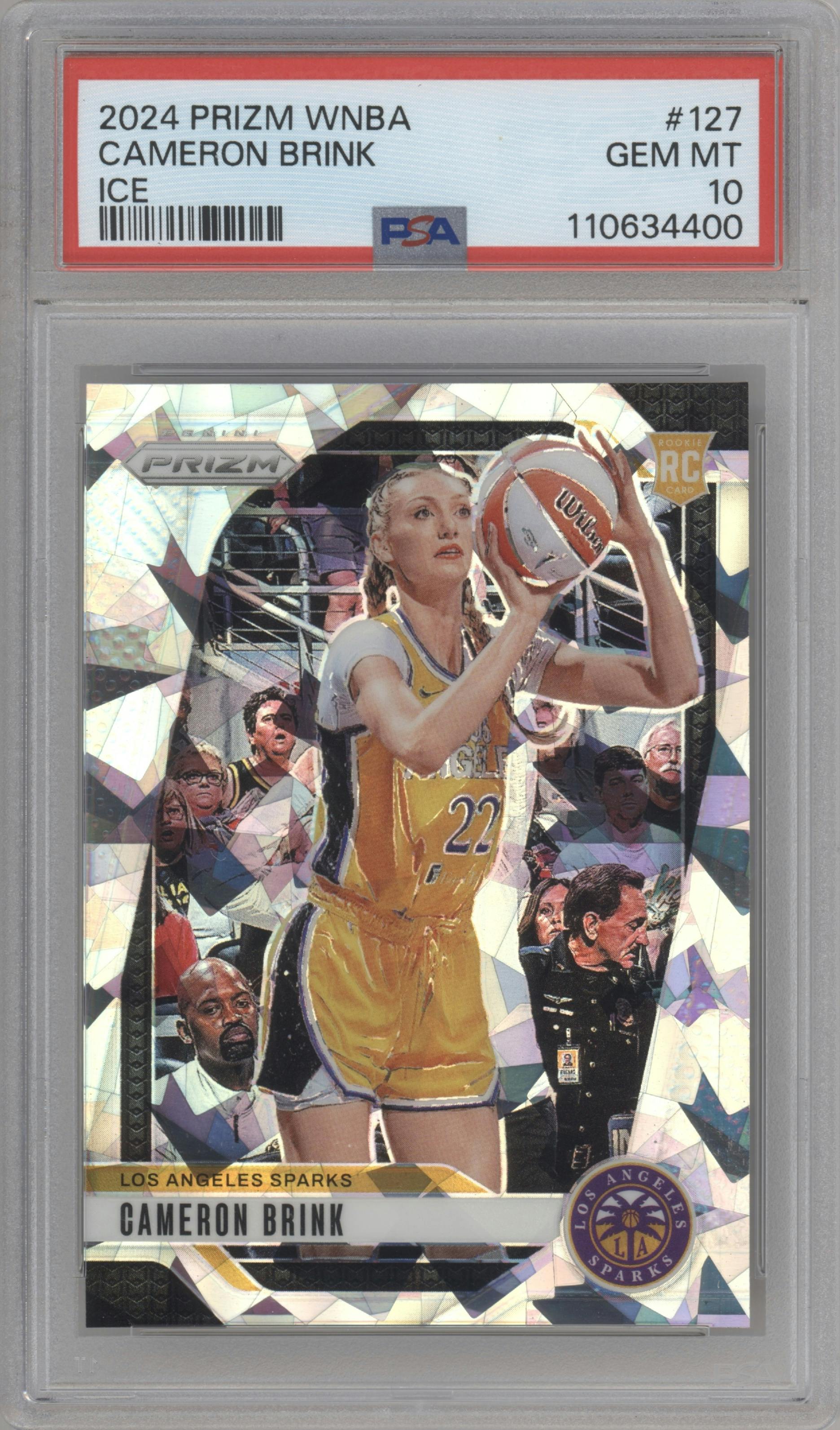 Cameron Brink from the 2024 Panini Prizm WNBA set featuring a Ice parallel graded by PSA and given an overall grade of 10.