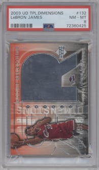 LeBron James from the 2003-04 Upper Deck Triple Dimensions set graded by PSA and given an overall grade of 8.