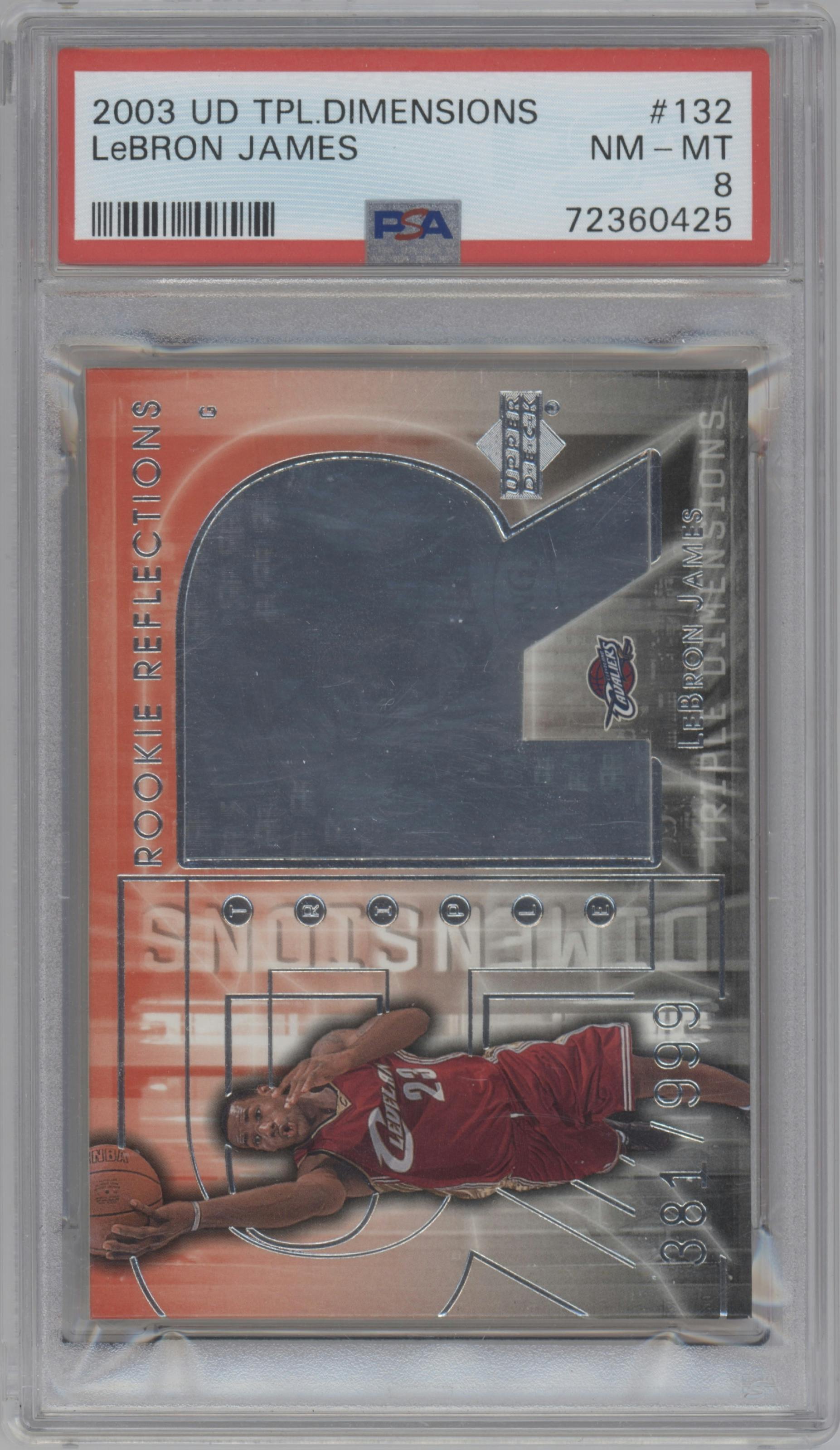 LeBron James from the 2003-04 Upper Deck Triple Dimensions set graded by PSA and given an overall grade of 8.