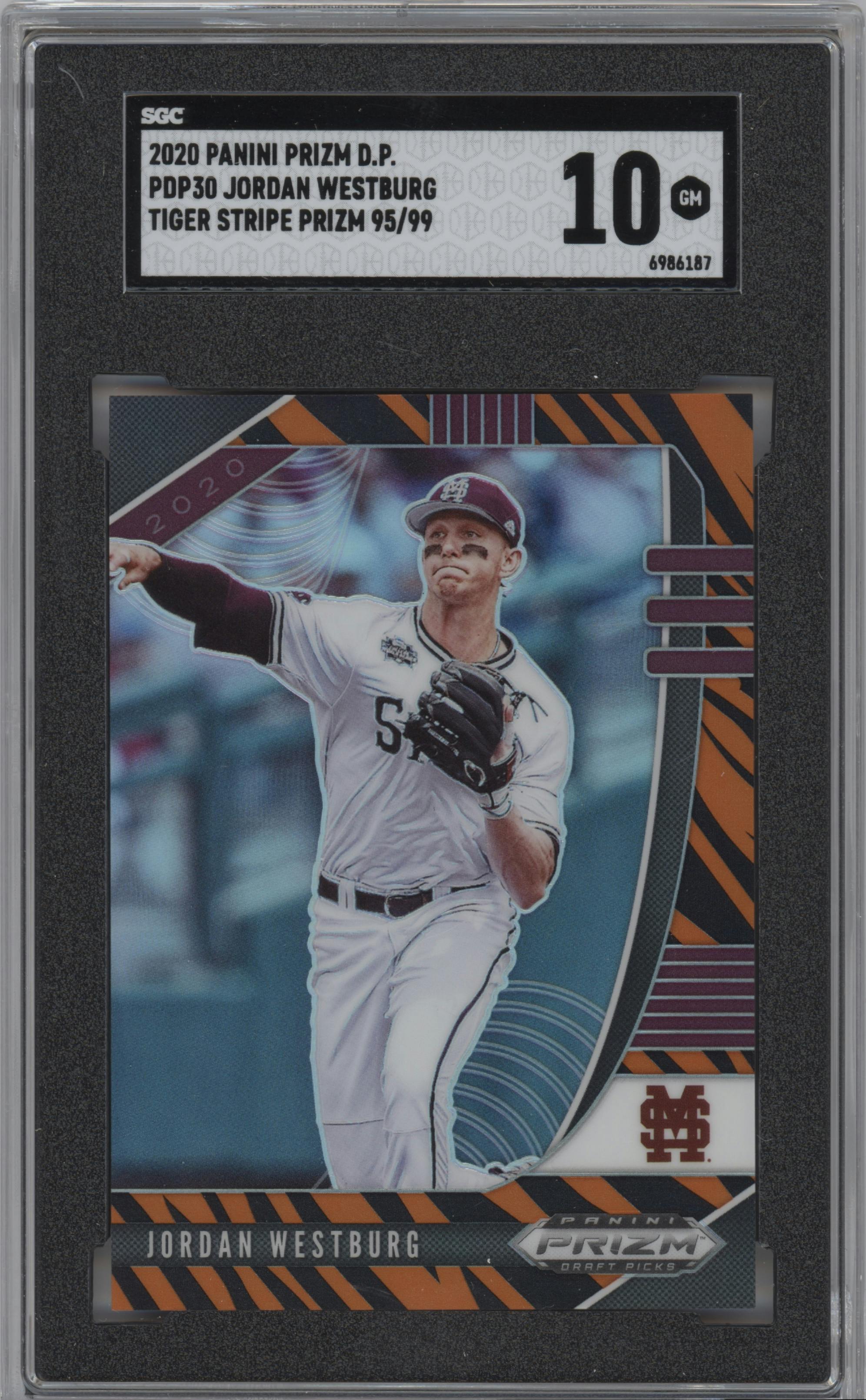 Jordan Westburg from the 2020 Panini Prizm Draft Picks set featuring a Tiger Stripes Prizm  parallel graded by SGC and given an overall grade of 10.