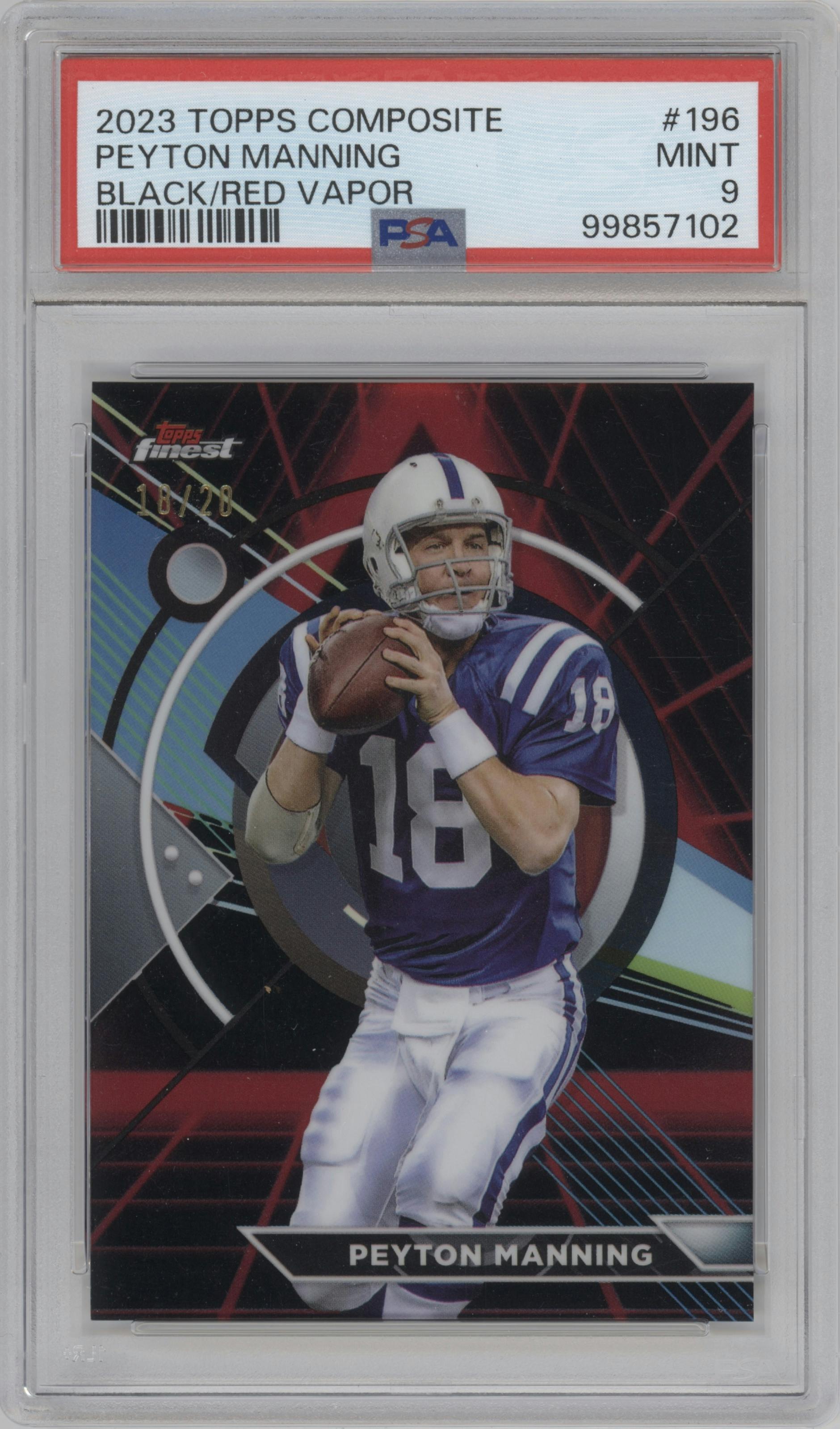 Peyton Manning from the 2023 Topps Composite set featuring a Black/Red Vapor parallel graded by PSA and given an overall grade of 9.