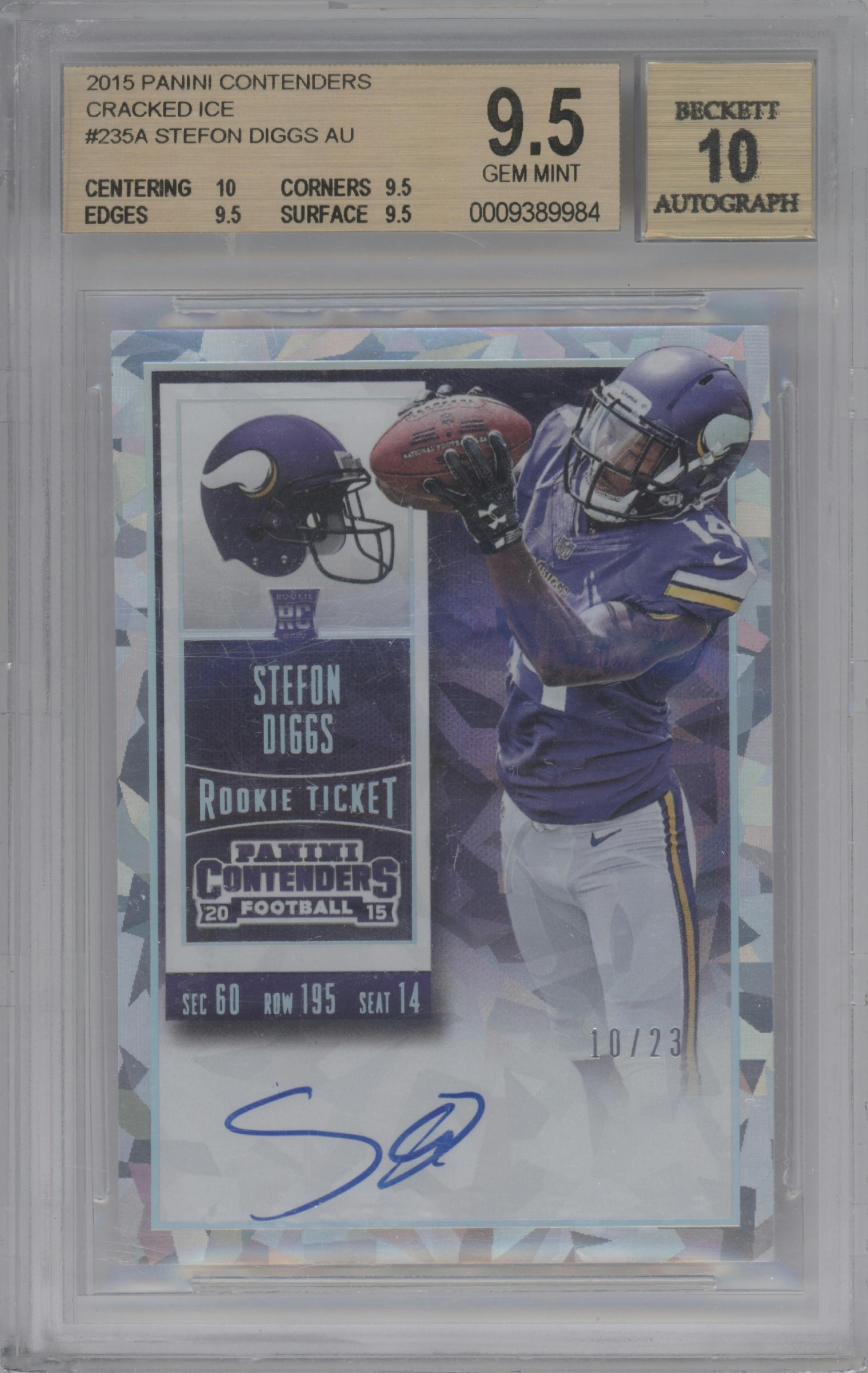 Stefon Diggs  from the 2015 Panini Contenders set featuring a Cracked Ice Ticket parallel graded by Beckett and given an overall grade of 9.5.