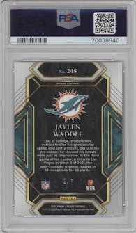 Jaylen Waddle from the 2021 Panini Select set featuring a Neon Orange Pulsar parallel graded by PSA and given an overall grade of 9.