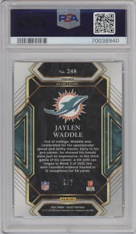 Jaylen Waddle from the 2021 Panini Select set featuring a Neon Orange Pulsar parallel graded by PSA and given an overall grade of 9.