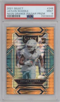 Jaylen Waddle from the 2021 Panini Select set featuring a Neon Orange Pulsar parallel graded by PSA and given an overall grade of 9.