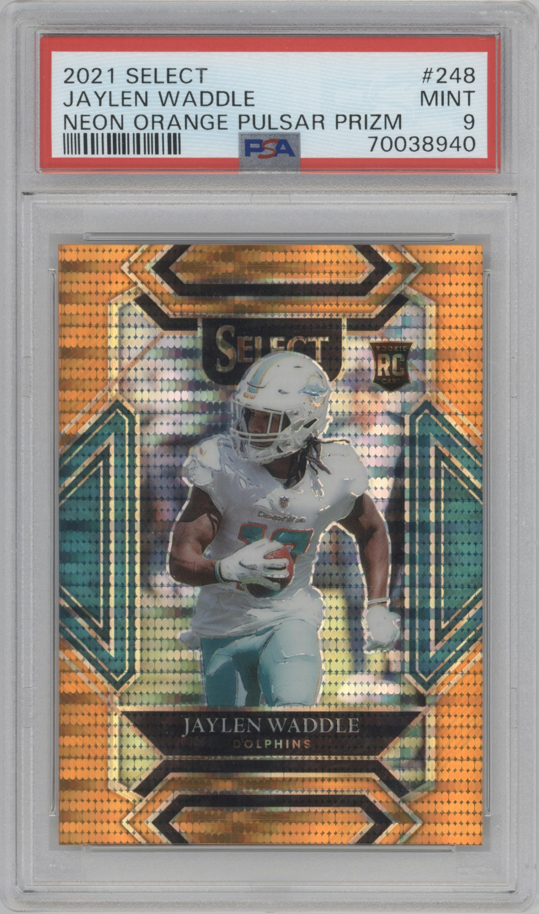 Jaylen Waddle from the 2021 Panini Select set featuring a Neon Orange Pulsar parallel graded by PSA and given an overall grade of 9.