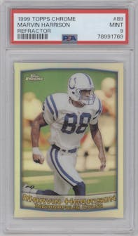Marvin Harrison from the 1999 Topps Chrome set featuring a Refractor parallel graded by PSA and given an overall grade of 9.
