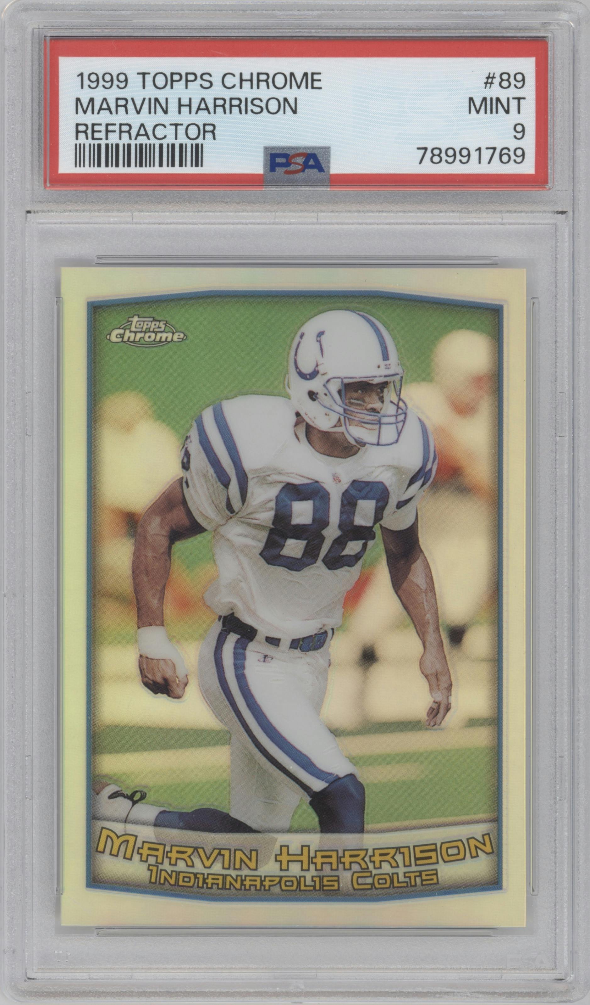 Marvin Harrison from the 1999 Topps Chrome set featuring a Refractor parallel graded by PSA and given an overall grade of 9.