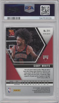 Coby White from the 2019-20 Panini Mosaic  set featuring a Silver parallel graded by PSA and given an overall grade of 10.
