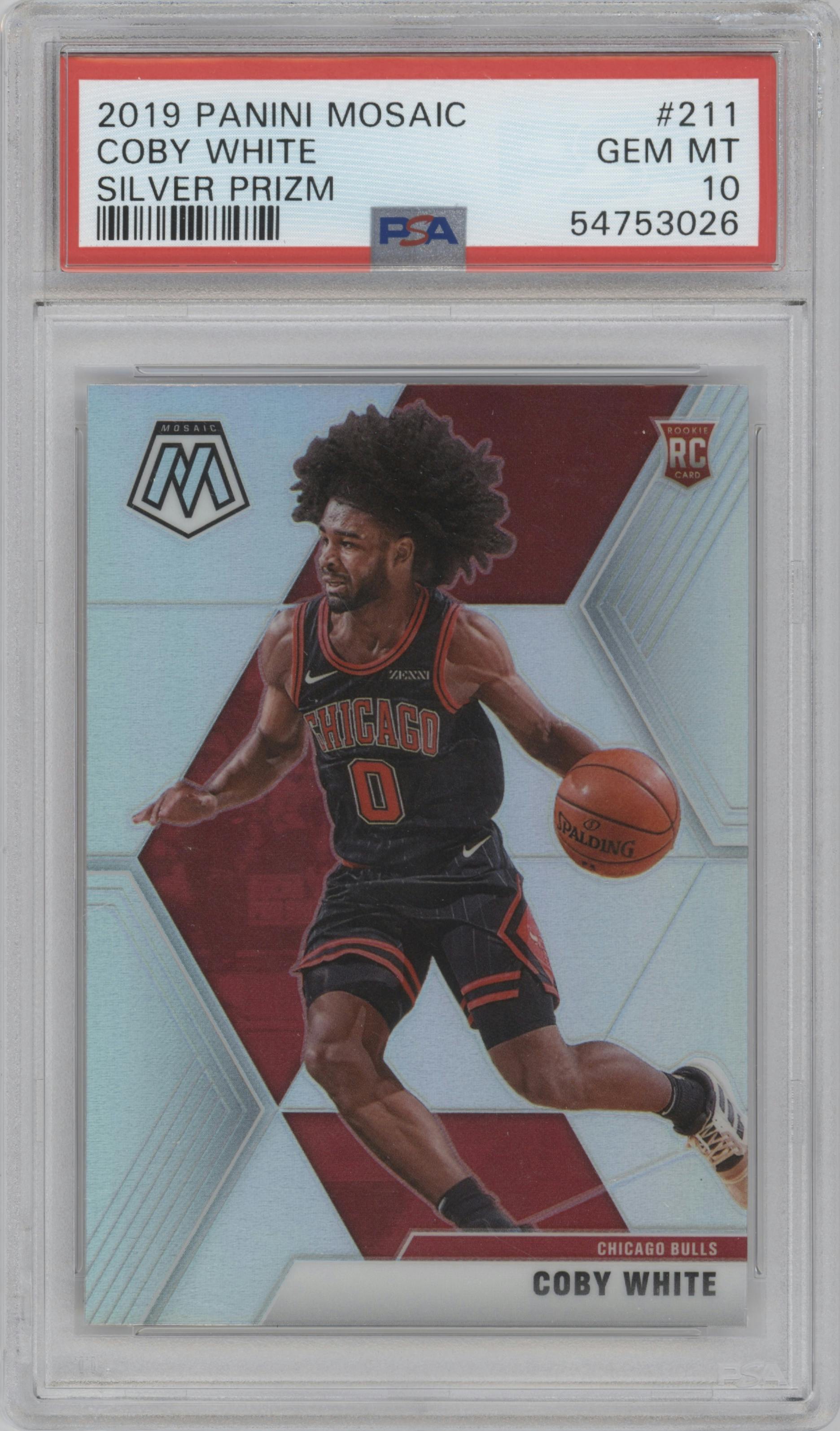 Coby White from the 2019-20 Panini Mosaic  set featuring a Silver parallel graded by PSA and given an overall grade of 10.
