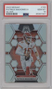 Patrick Mahomes II  from the 2023 Panini Mosaic set featuring a Silver parallel graded by PSA and given an overall grade of 10.