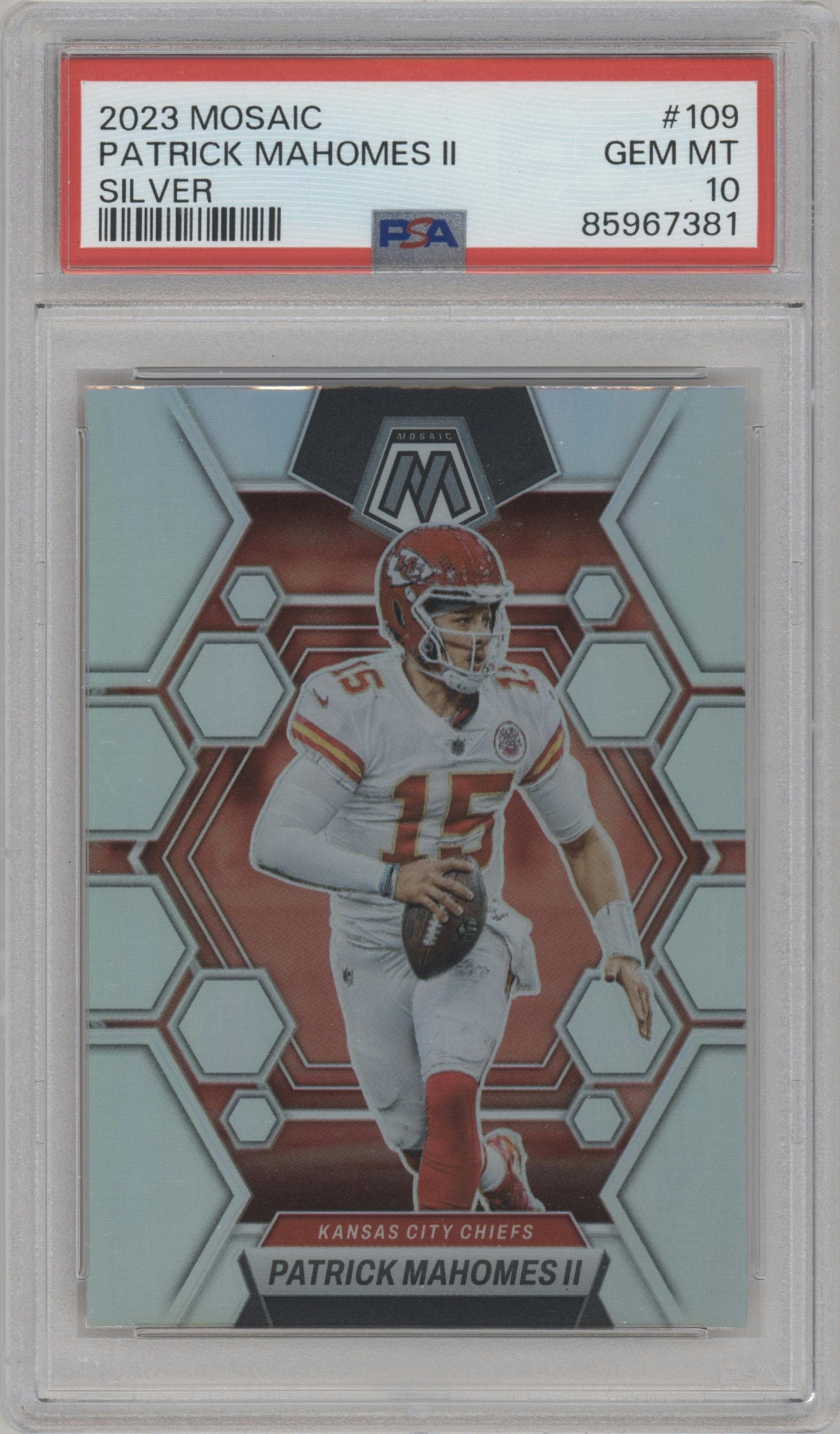 Patrick Mahomes II  from the 2023 Panini Mosaic set featuring a Silver parallel graded by PSA and given an overall grade of 10.