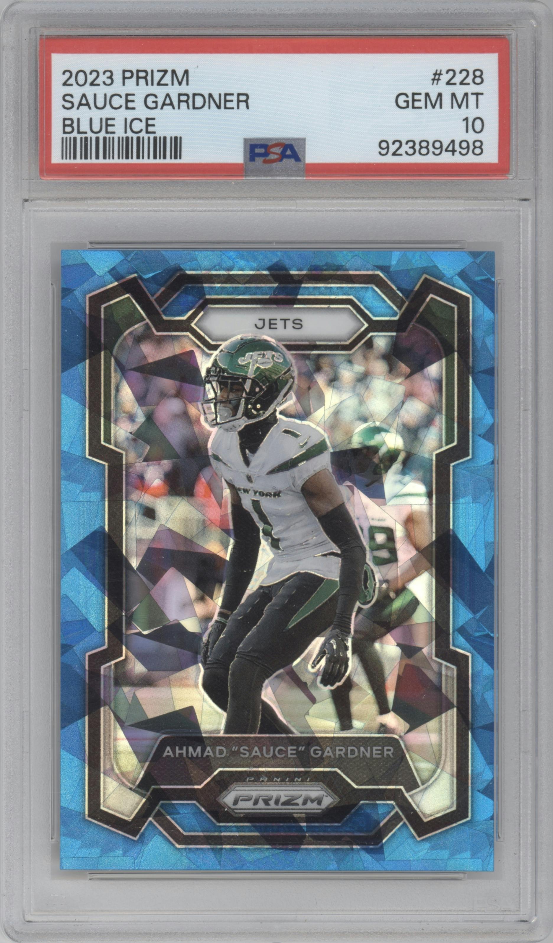 Ahmad "Sauce" Gardner from the 2023 Panini Prizm set featuring a Blue Ice parallel graded by PSA and given an overall grade of 10.