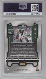 Ahmad "Sauce" Gardner from the 2023 Panini Prizm set featuring a Blue Ice parallel graded by PSA and given an overall grade of 10.