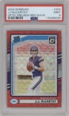 J.J. McCarthy from the 2024 Donruss set featuring a Red Wave parallel graded by PSA and given an overall grade of 9.