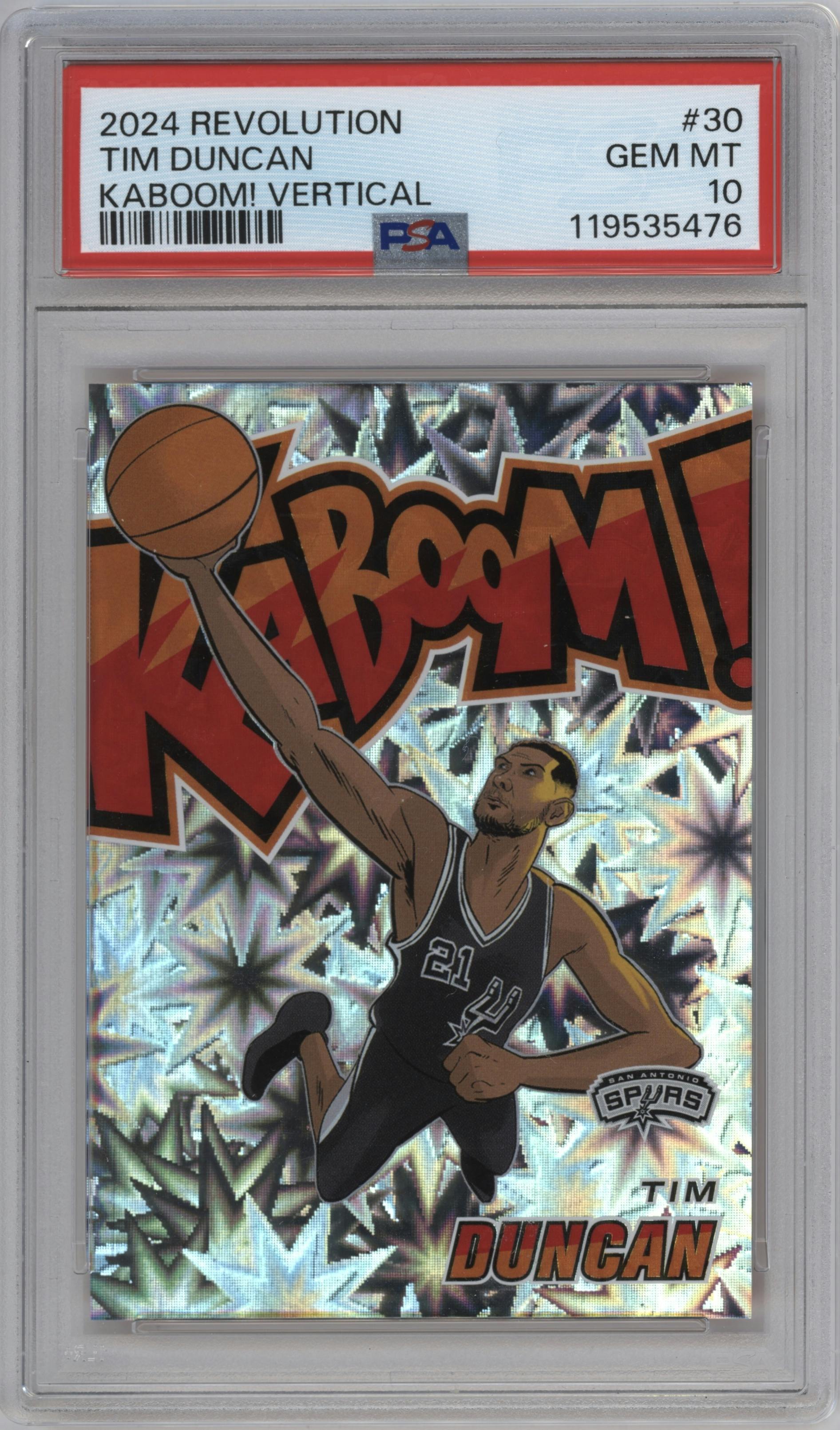 Tim Duncan from the 2024-25 Panini Revolution set graded by PSA and given an overall grade of 10.