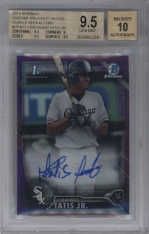Fernando Tatis from the 2016 Bowman set featuring a Purple Refractor parallel graded by Beckett and given an overall grade of 9.5.