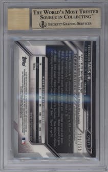 Fernando Tatis from the 2016 Bowman set featuring a Purple Refractor parallel graded by Beckett and given an overall grade of 9.5.