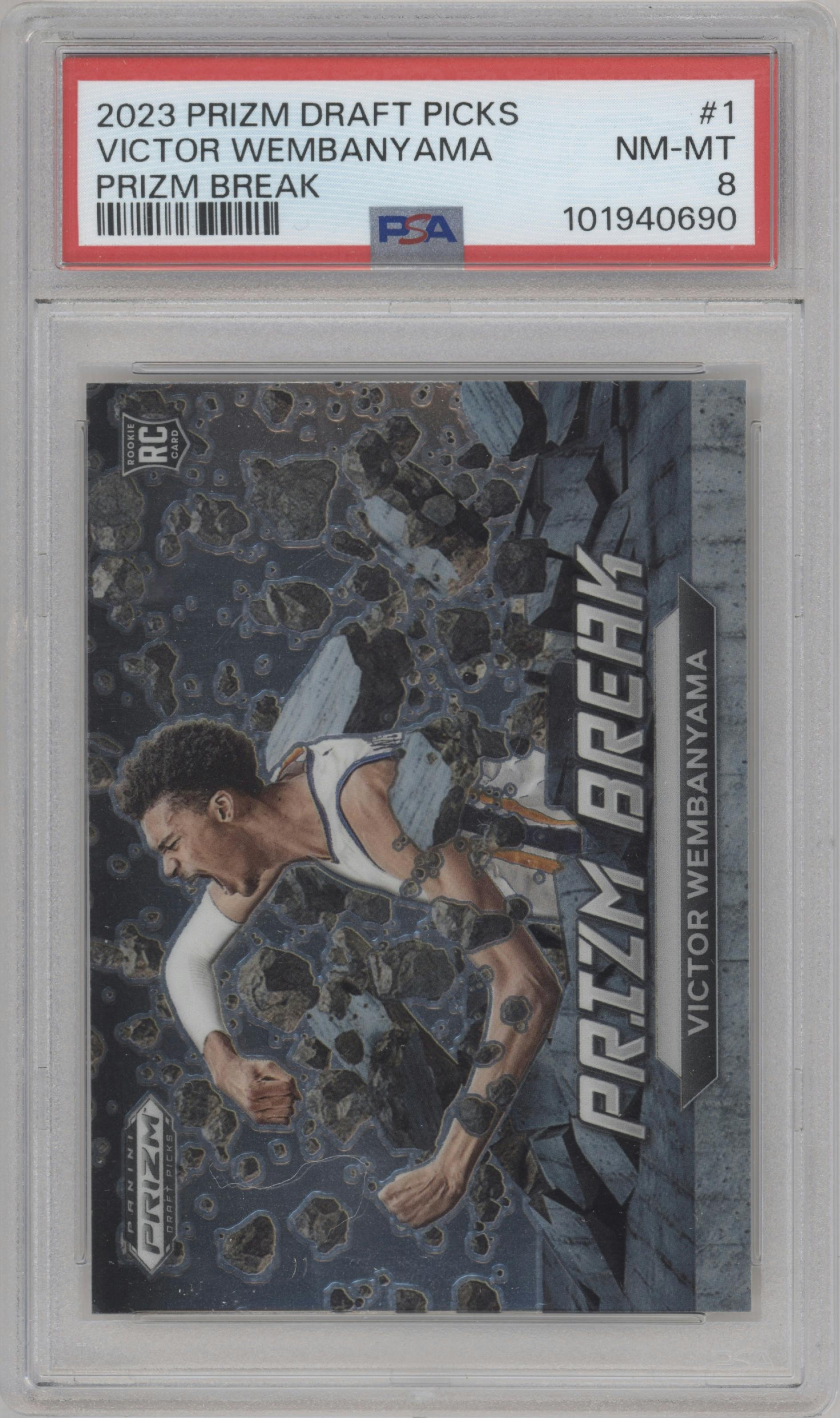 Victor Wembanyama from the 2023-24 Panini Prizm Draft Picks set graded by PSA and given an overall grade of 8.
