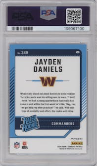 Jayden Daniels from the 2024 Donruss set featuring a Red Pandora parallel graded by PSA and given an overall grade of 9.