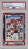 Jayden Daniels from the 2024 Donruss set featuring a Red Pandora parallel graded by PSA and given an overall grade of 9.