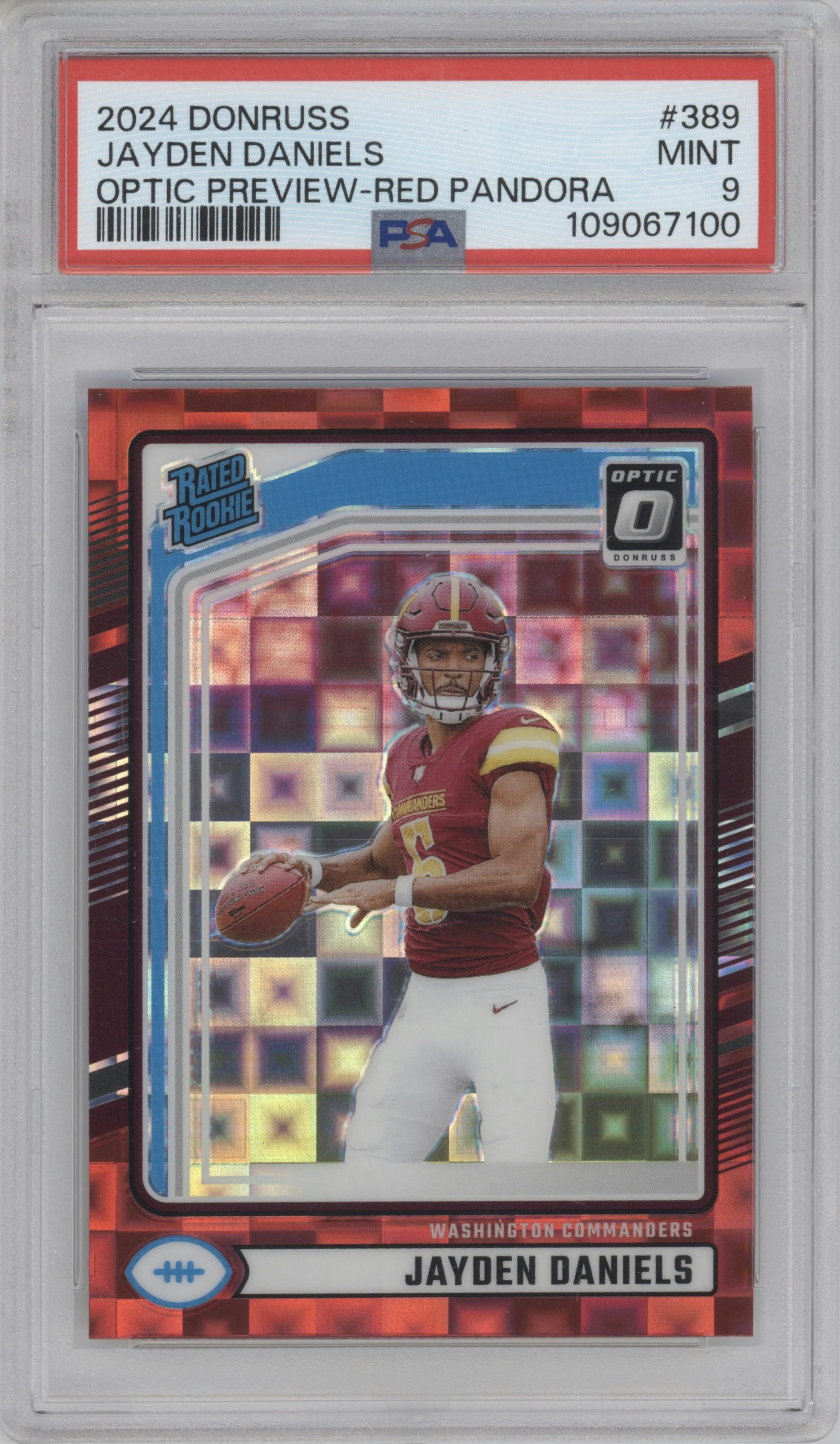 Jayden Daniels from the 2024 Donruss set featuring a Red Pandora parallel graded by PSA and given an overall grade of 9.