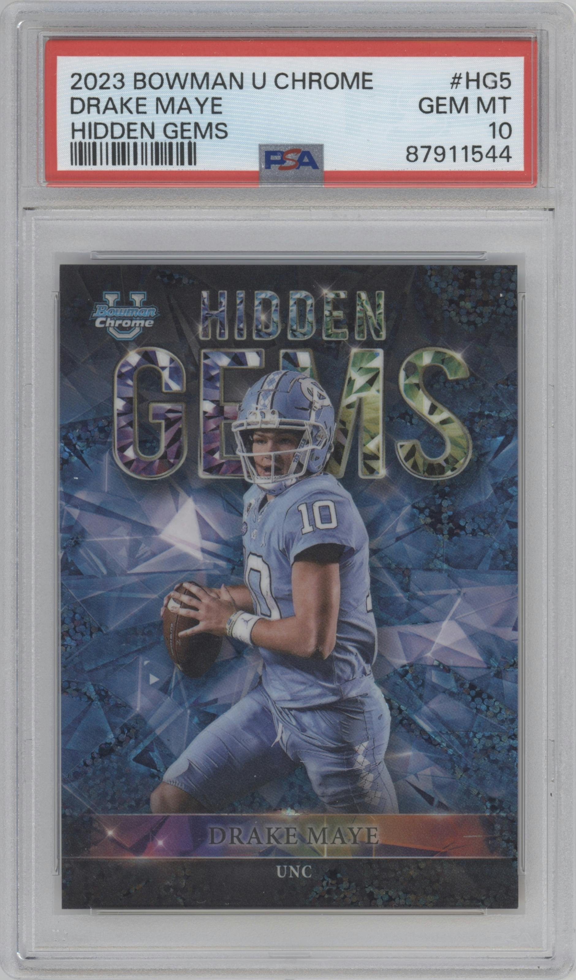 Drake Maye from the 2023 Bowman Chrome University set graded by PSA and given an overall grade of 10.